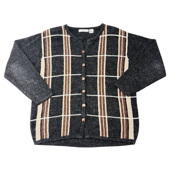 Lise J Sweaters - Vintage Cardigan Sweater‎ Women’s Medium Lise J Gray Plaid Grandmacore Old Money